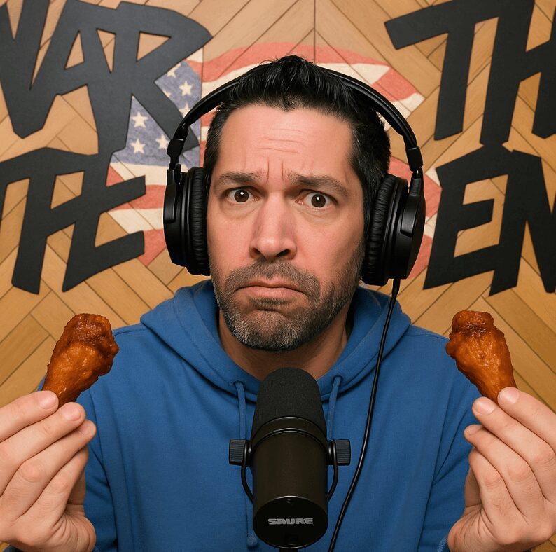 Surrealistic depiction of comic Dave Smith holding (2) chicken wings demonstrating he doesn