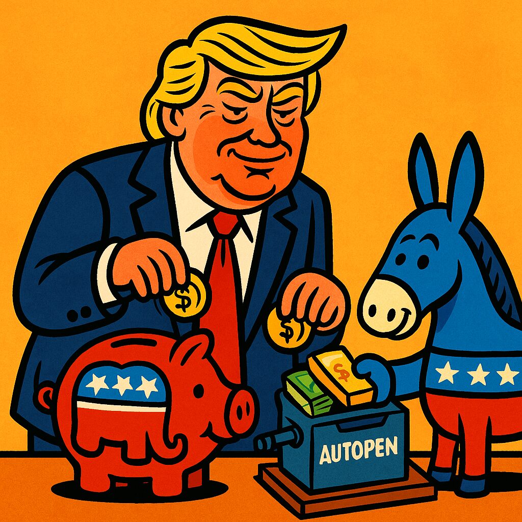 Political cartoon of Donald Trump paying off both Democrats and Republicans to enable him to get away with the worst of his conflicts of interest and policy agenda items.